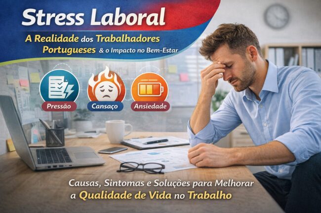 stress no trabalho Stress laboral em Portugal, trabalhador em ambiente de escritório com sinais de cansaço e ansiedade, representando o impacto do stress no bem-estar e na qualidade de vida no trabalho.