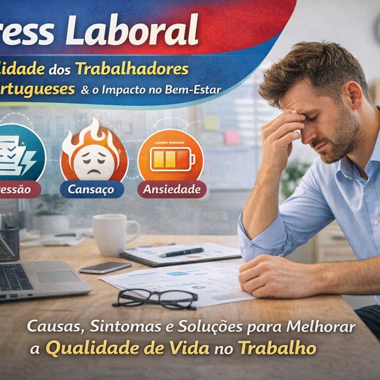 Stress laboral em Portugal, trabalhador em ambiente de escritório com sinais de cansaço e ansiedade, representando o impacto do stress no bem-estar e na qualidade de vida no trabalho.