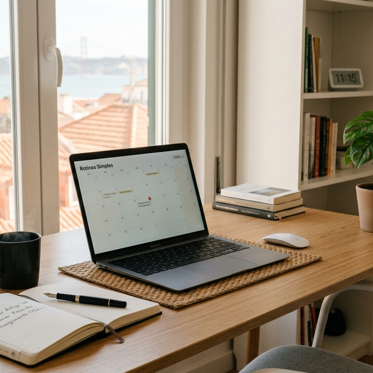 Mesa de escritório minimalista e organizada com um computador portátil, um caderno e uma planta, representando um ambiente de trabalho produtivo e leve.