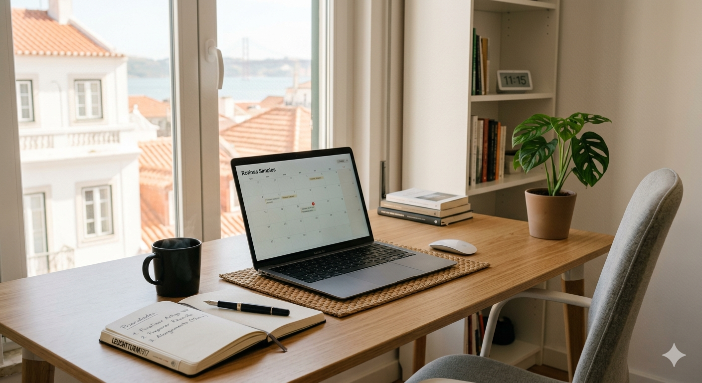Mesa de escritório minimalista e organizada com um computador portátil, um caderno e uma planta, representando um ambiente de trabalho produtivo e leve.