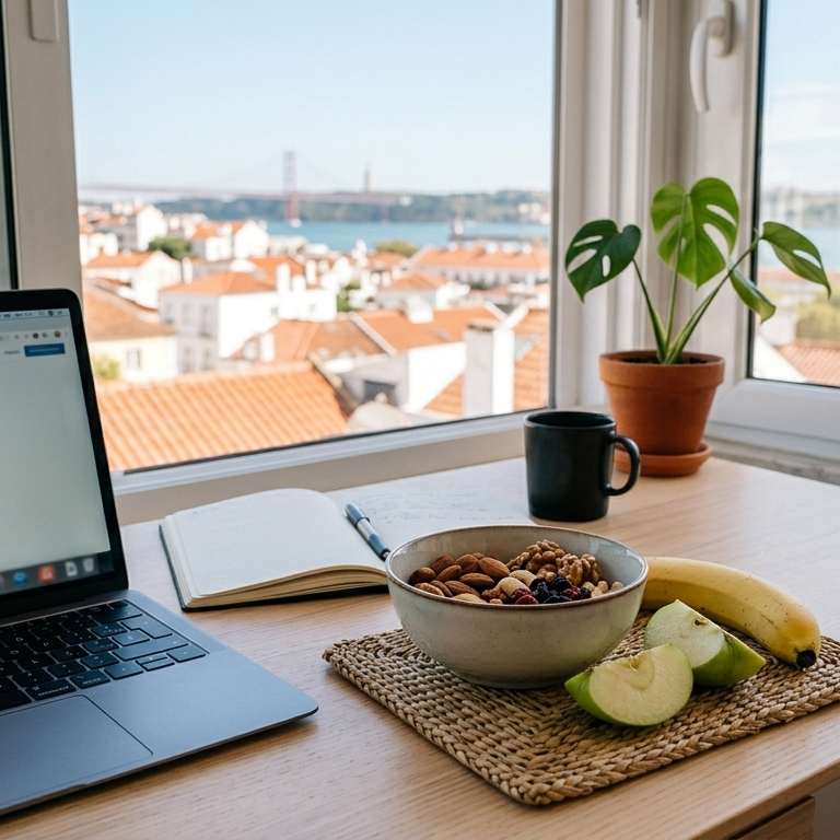 Uma taça com frutos secos e uma peça de fruta fresca ao lado de um computador portátil, simbolizando lanches saudáveis para um dia de trabalho produtivo.