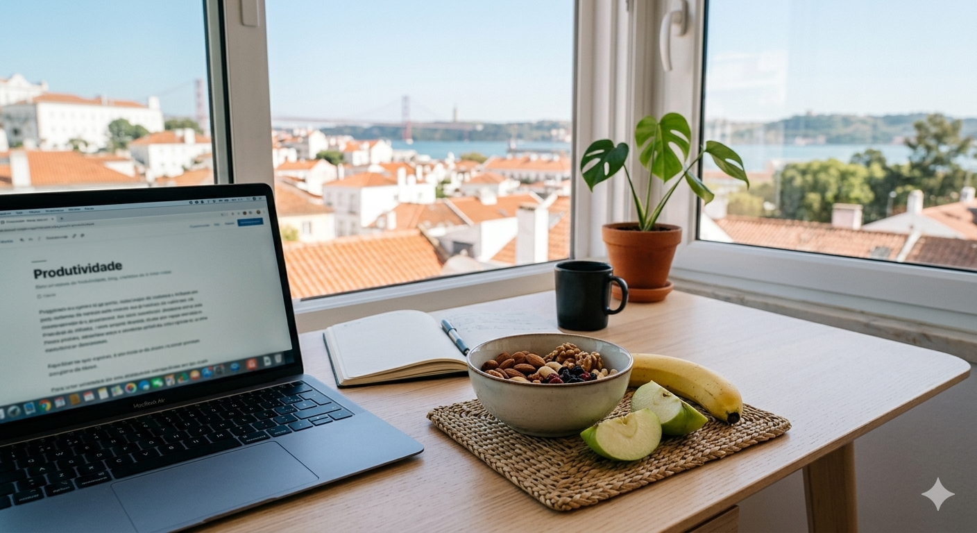 Uma taça com frutos secos e uma peça de fruta fresca ao lado de um computador portátil, simbolizando lanches saudáveis para um dia de trabalho produtivo.