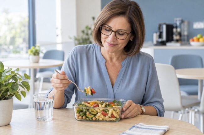 Mulher a almoçar uma salada de massa e legumes numa marmita, no espaço de refeições do escritório