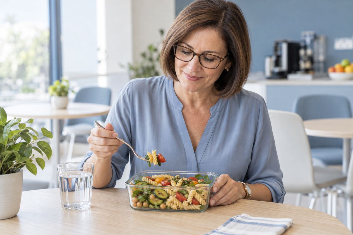 almocos_semana_blog Mulher a almoçar uma salada de massa e legumes numa marmita, no espaço de refeições do escritório